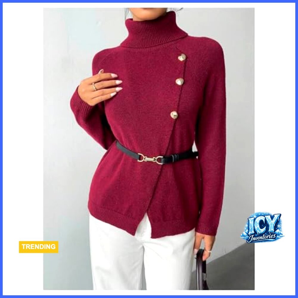 Fitted Pullover Sweater With Button Wrap Turtlene… - image 4